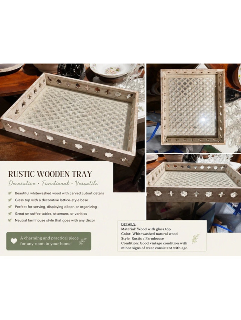 Carved Wood Lattice Tray Glass Top Moroccan Boho Whitewash Vanity Serving Tray